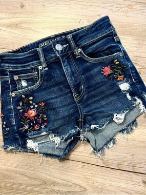 American Eagle Outfitters Hi-rise Shortie Dark Wash Floral Distressed Short